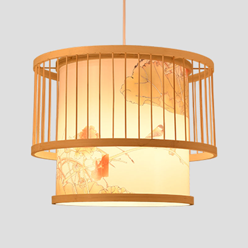 Beige Bamboo Hanging Light Fixture Asian 1-Light Suspension Pendant Light for Restaurant