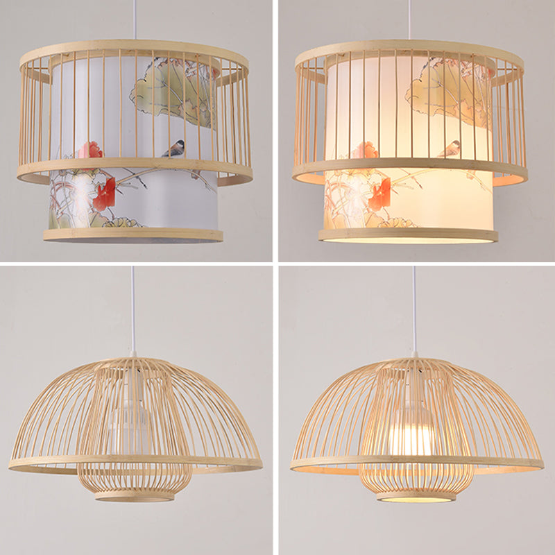 Beige Bamboo Hanging Light Fixture Asian 1-Light Suspension Pendant Light for Restaurant