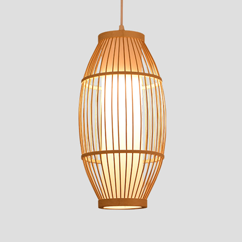 Beige Bamboo Hanging Light Fixture Asian 1-Light Suspension Pendant Light for Restaurant