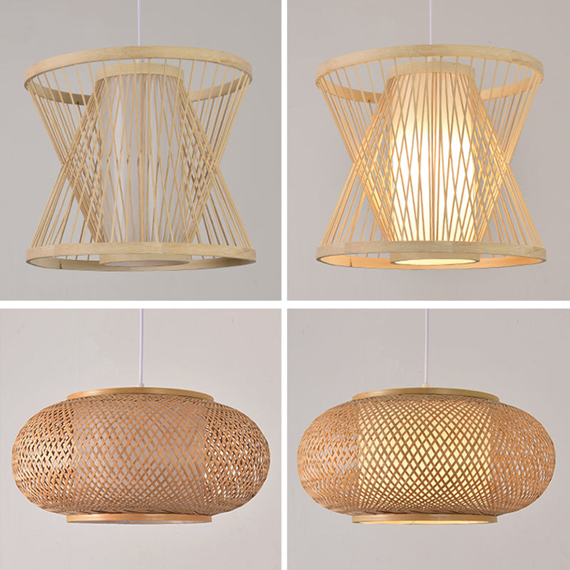 Beige Bamboo Hanging Light Fixture Asian 1-Light Suspension Pendant Light for Restaurant