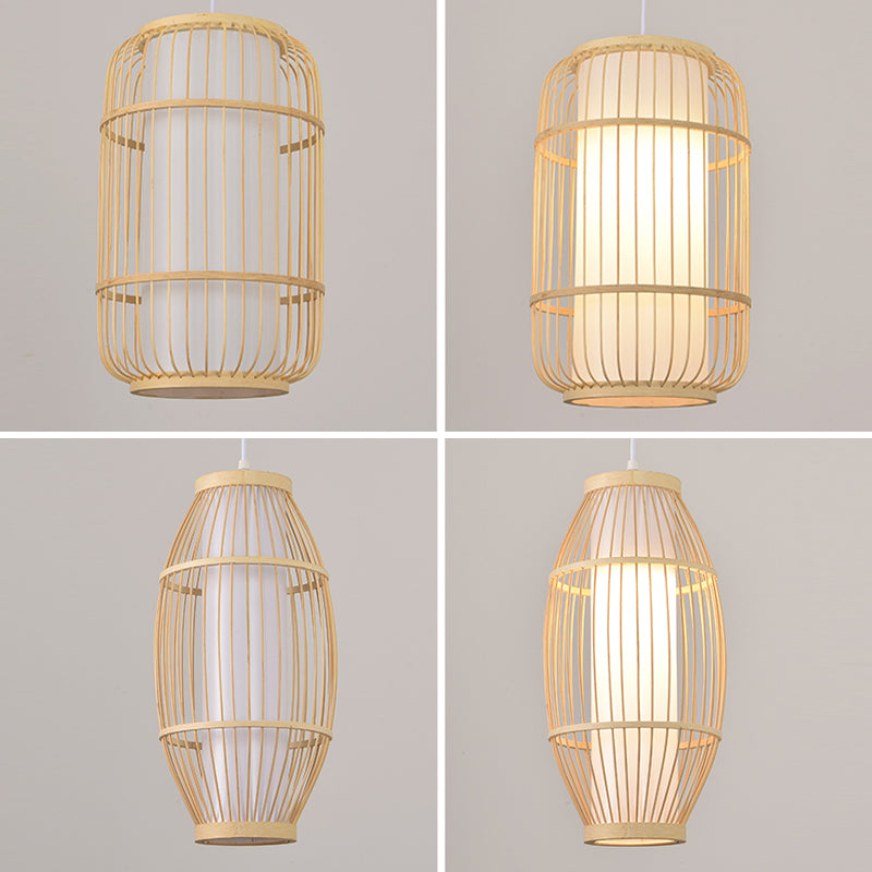 Beige Bamboo Hanging Light Fixture Asian 1-Light Suspension Pendant Light for Restaurant