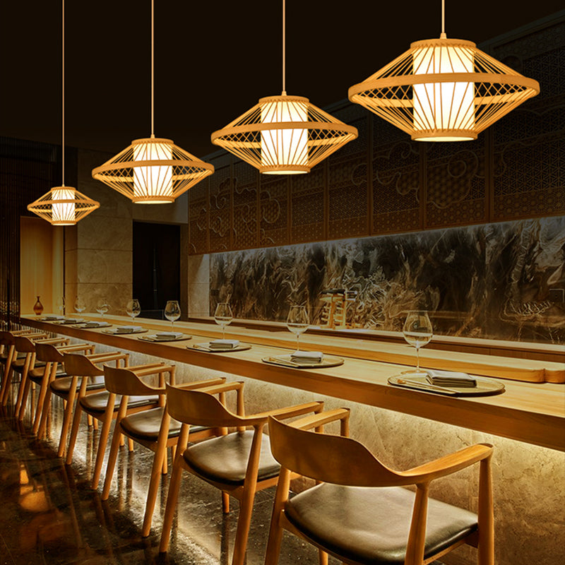 Beige Bamboo Hanging Light Fixture Asian 1-Light Suspension Pendant Light for Restaurant