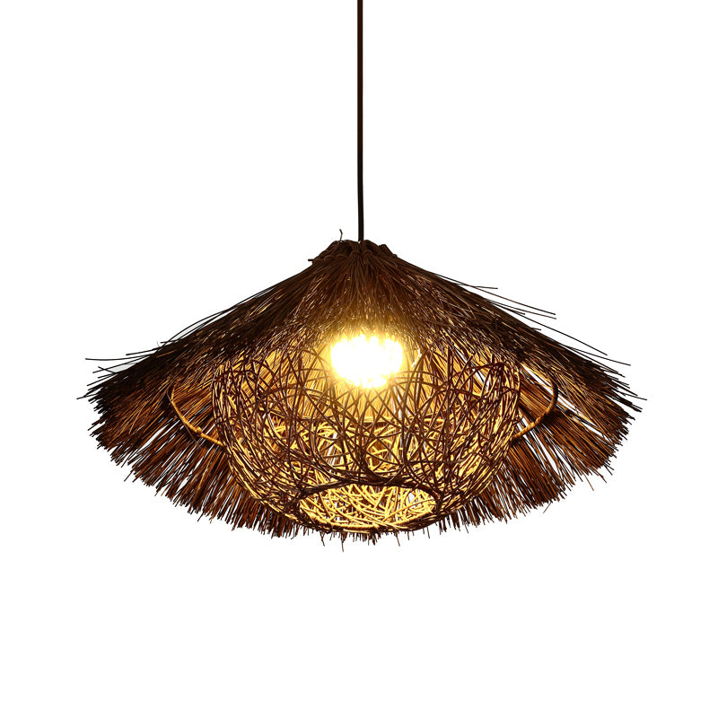 Tapered Hanging Light Chinese Rattan 1 Head Coffee Suspended Lighting Fixture, 16.5"/20.5"/24.5" Wide