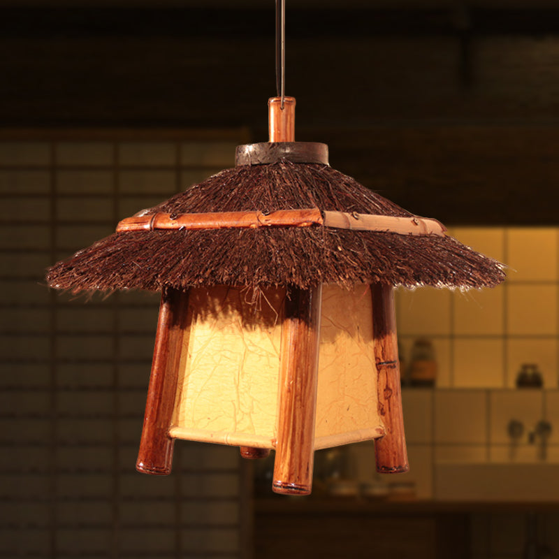 Japanese Hand-Worked Pendant Lighting Wood 1 Bulb Ceiling Suspension Lamp in Brown
