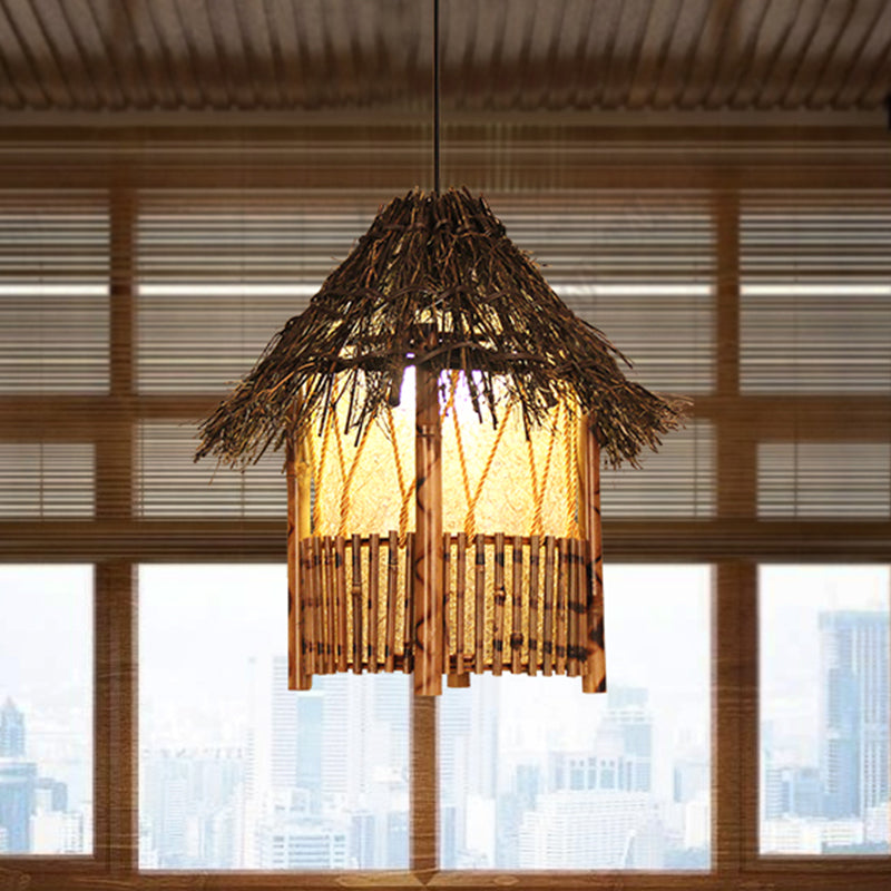 1 Head Handcrafted Pendant Light Chinese Wood Suspended Lighting Fixture in Brown