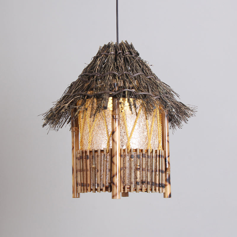 1 Head Handcrafted Pendant Light Chinese Wood Suspended Lighting Fixture in Brown
