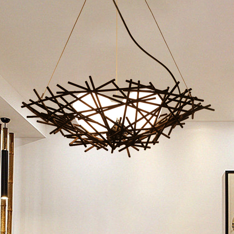 Nest Chandelier Lighting Japanese Bamboo 18"/22" Wide 3 Bulbs Coffee Ceiling Suspension Lamp