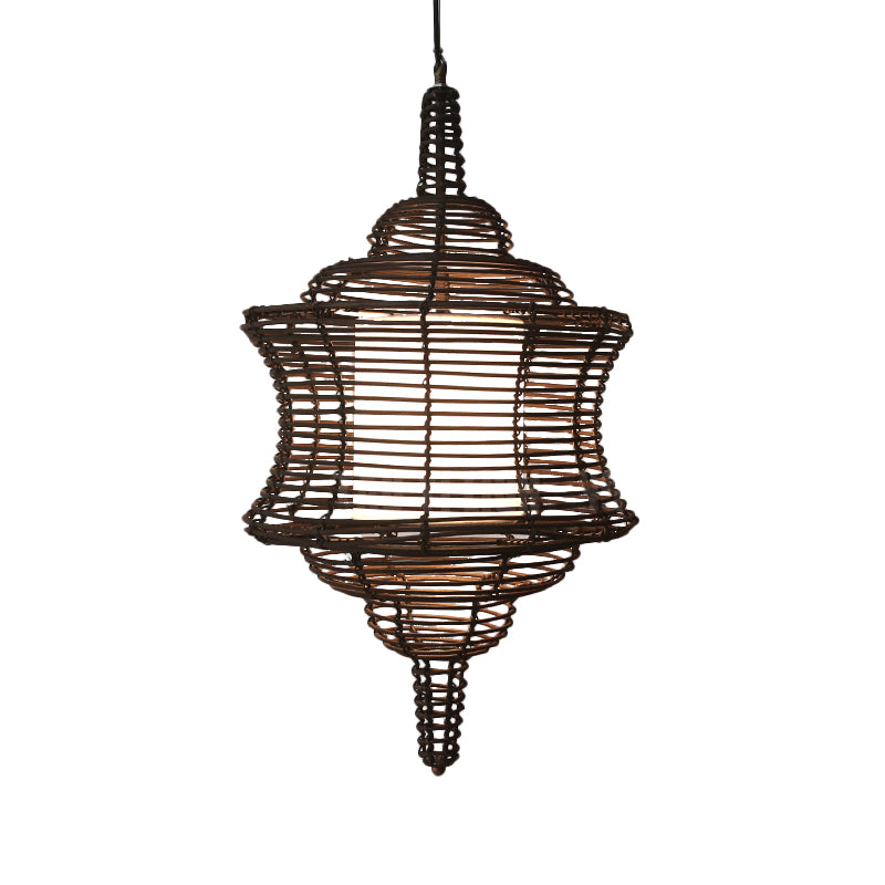 Curvy Ceiling Lamp Asia Rattan 1 Bulb Coffee Hanging Pendant Light with Inner White Tubular Shade