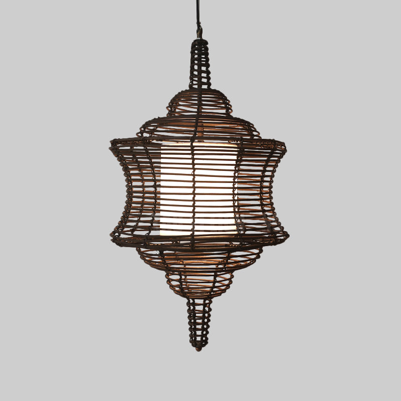 Curvy Ceiling Lamp Asia Rattan 1 Bulb Coffee Hanging Pendant Light with Inner White Tubular Shade