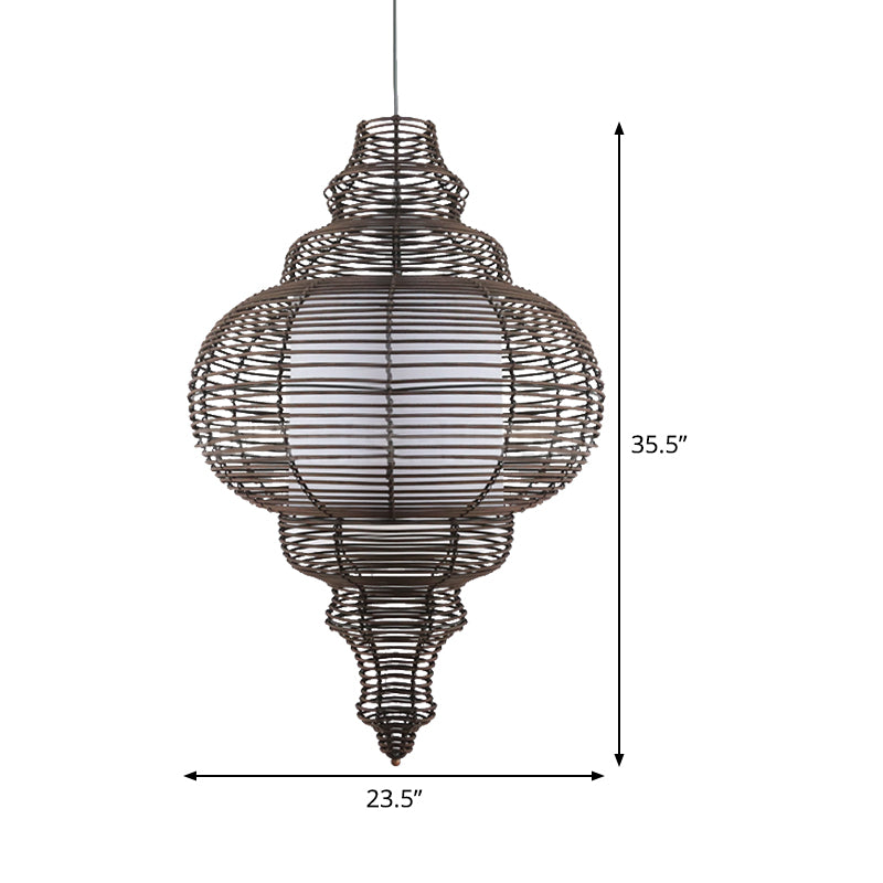 Chinese 1 Bulb Ceiling Lamp Coffee Gourd Hanging Light Fixture with Rattan Shade