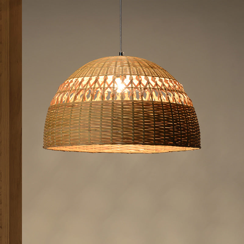 Bamboo Hemisphere Pendant Light Chinese 1 Head Ceiling Suspension Lamp in Flaxen