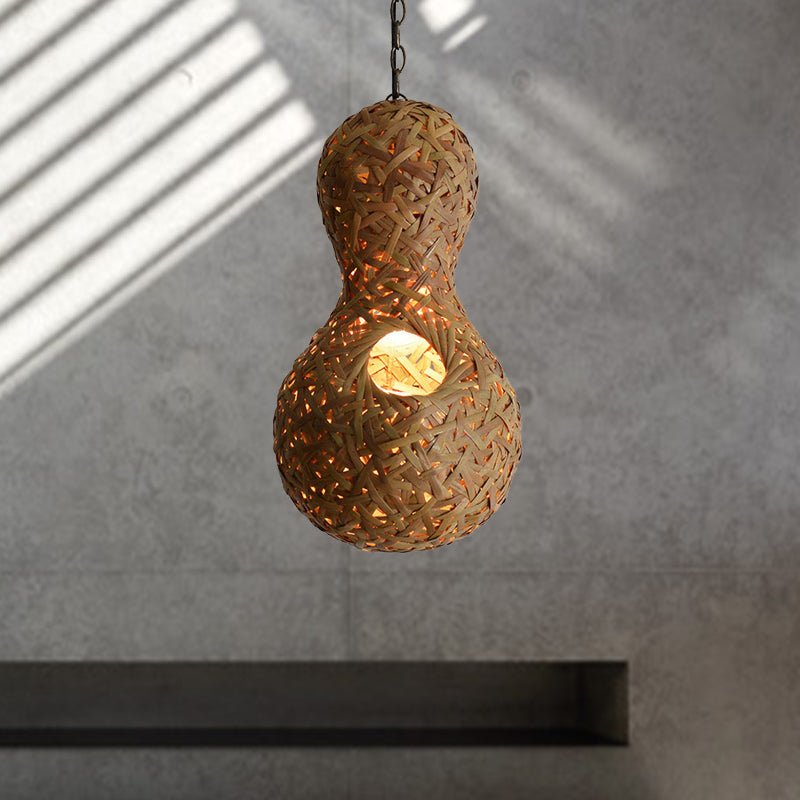 1 Bulb Restaurant Ceiling Lamp Asia Beige Pendant Light Fixture with Gourd Bamboo Shade