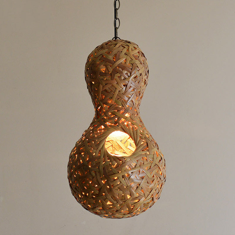 1 Bulb Restaurant Ceiling Lamp Asia Beige Pendant Light Fixture with Gourd Bamboo Shade