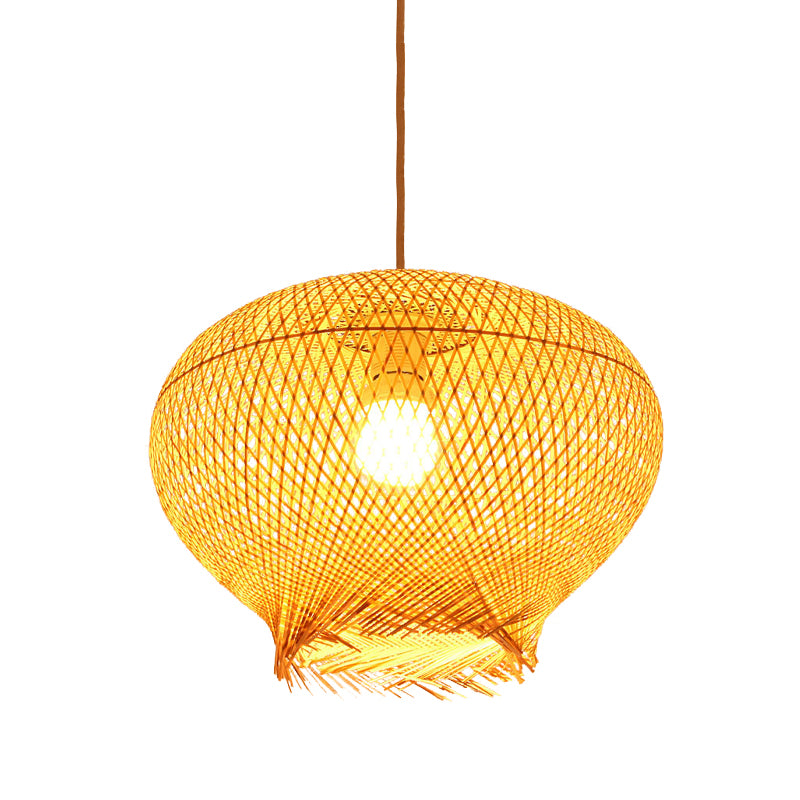 Bamboo Lantern Hanging Lamp Chinese 1 Head Beige Ceiling Pendant Light for Living Room