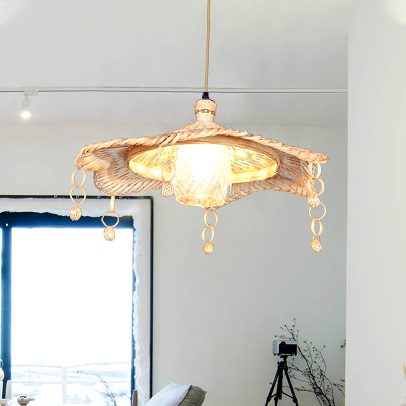 Chinese 1 Head Down Lighting Khaki Wide Flare Pendant Light Fixture with Bamboo Shade