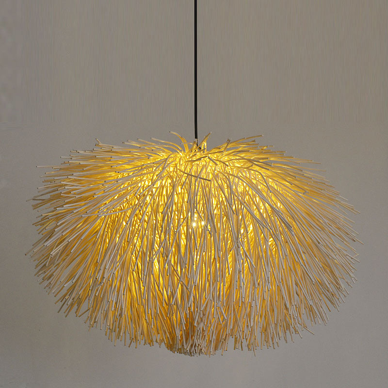 Beige Oval Pendant Lighting Chinese 1 Bulb Rattan Hanging Ceiling Light for Restaurant