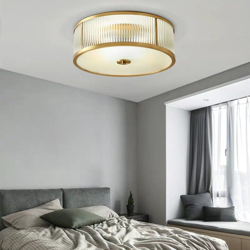 Frosted Glass Brass Flush Mount in Colonical Luxury Style Copper Circular Ceiling Light for Bedroom