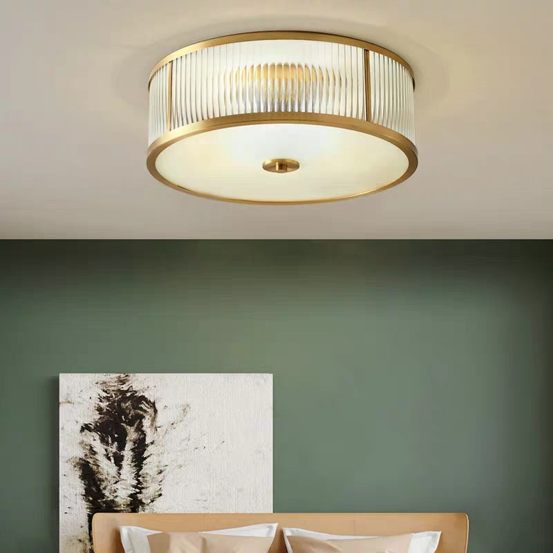 Frosted Glass Brass Flush Mount in Colonical Luxury Style Copper Circular Ceiling Light for Bedroom