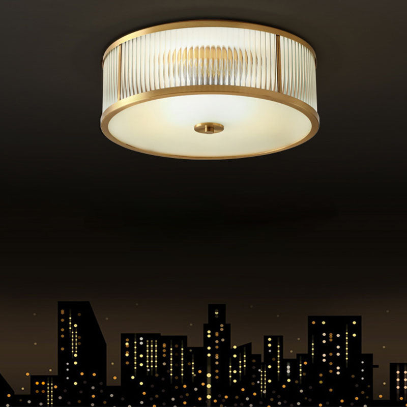 Frosted Glass Brass Flush Mount in Colonical Luxury Style Copper Circular Ceiling Light for Bedroom