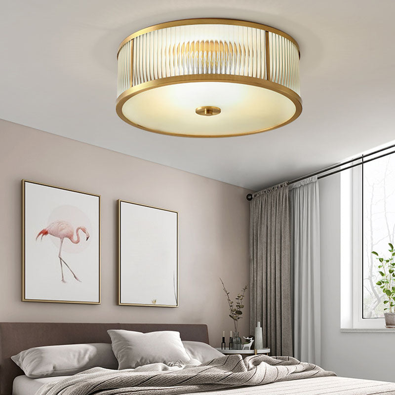 Frosted Glass Brass Flush Mount in Colonical Luxury Style Copper Circular Ceiling Light for Bedroom
