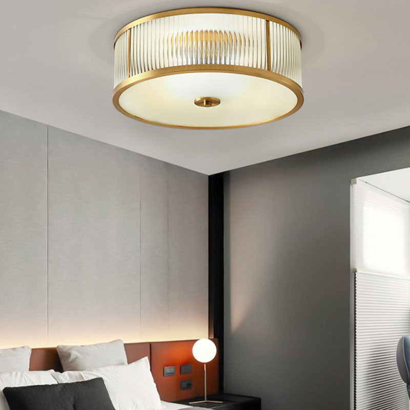 Frosted Glass Brass Flush Mount in Colonical Luxury Style Copper Circular Ceiling Light for Bedroom