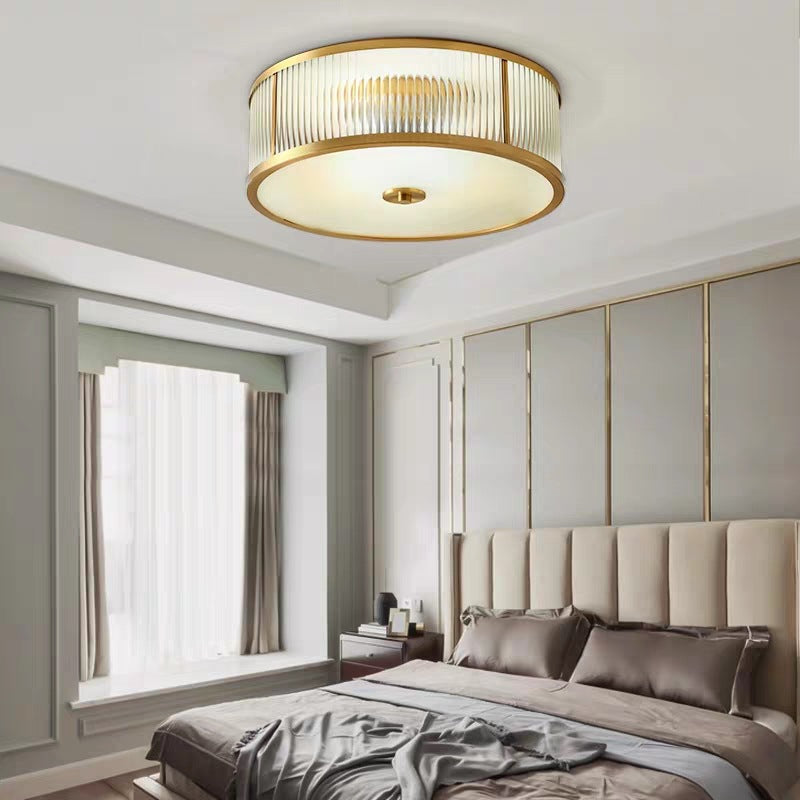 Frosted Glass Brass Flush Mount in Colonical Luxury Style Copper Circular Ceiling Light for Bedroom