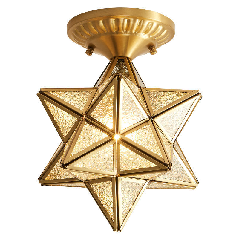 Lámpara de techo de latón y vidrio estilo colonial vintage, lámpara de techo con forma de estrella de cobre para pasillo