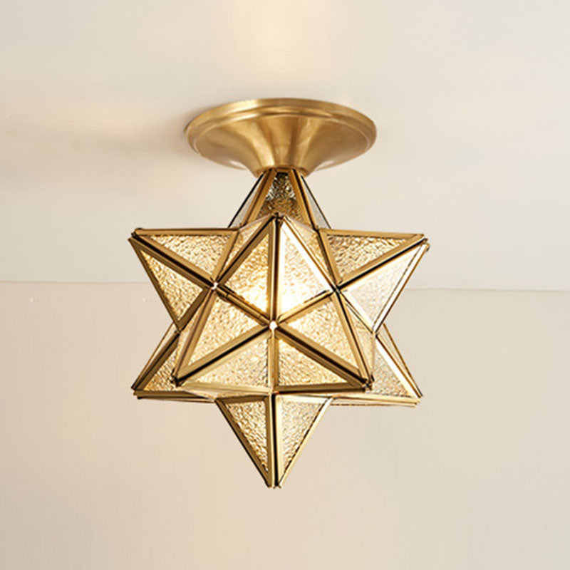 Lámpara de techo de latón y vidrio estilo colonial vintage, lámpara de techo con forma de estrella de cobre para pasillo