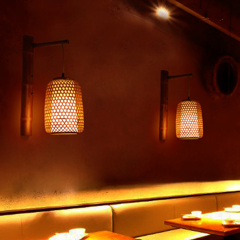 Handmade Bamboo Sconce Asia 1 Bulb Red Brown Wall Mount Light Fixture with Inner Tubular White Parchment Shade