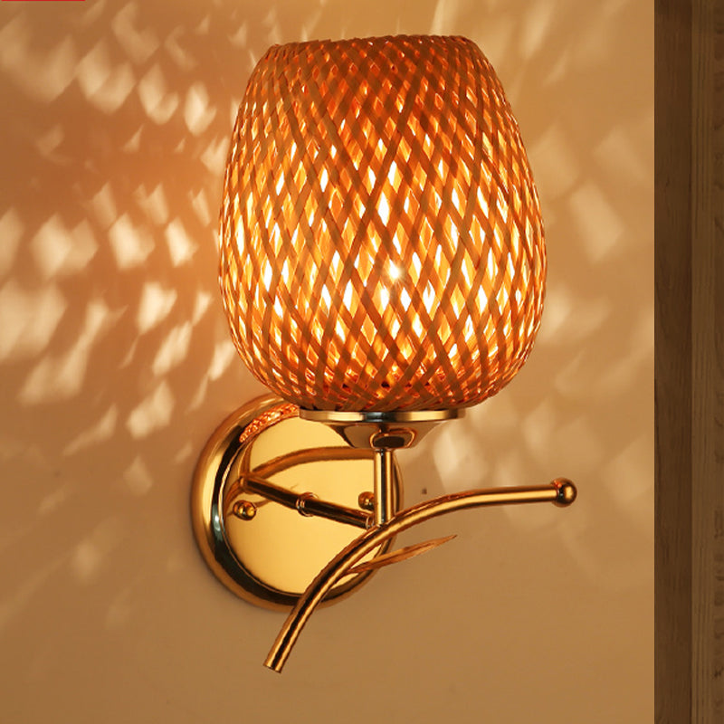 Japanese Hand-Worked Sconce Light Bamboo 1 Bulb Wall Mount Lighting in Brown for Stairway