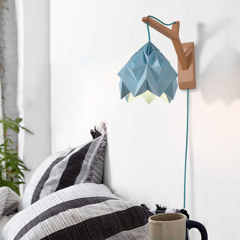 Domed Shade Paper Wall Mounted Lamp Macaron 1 Head White/Pink/Yellow/Blue/Green Sconce Light Fixture with Wood Backplate