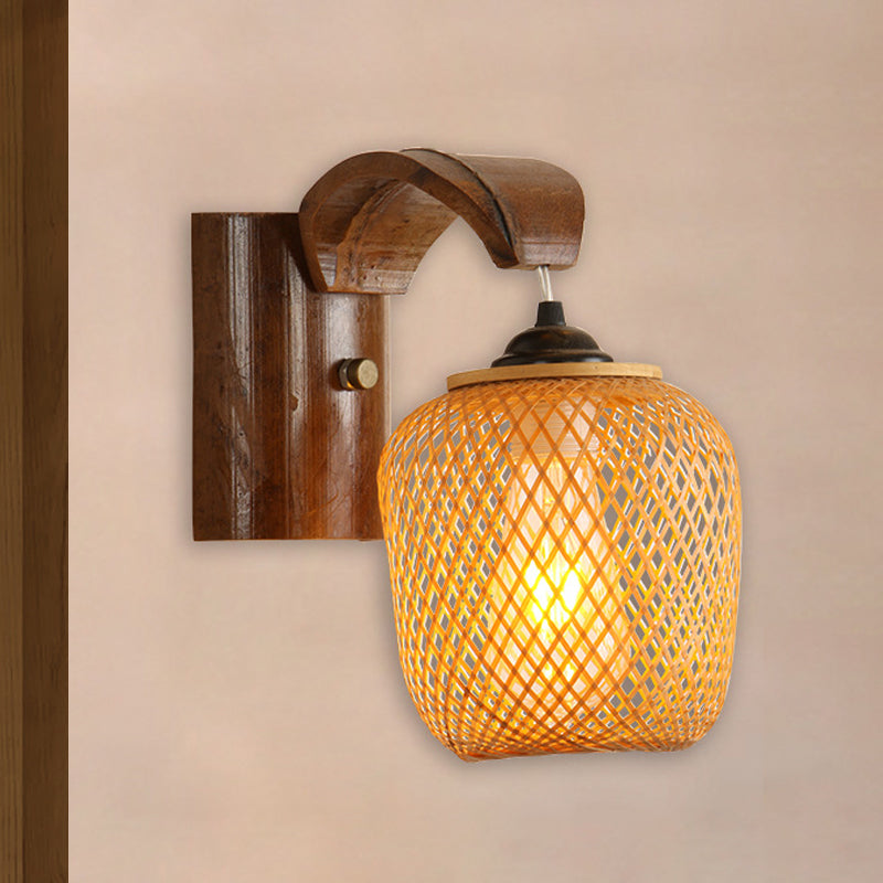 Japanese 1 Bulb Wall Lighting Brown Hand Twisted Sconce Light Fixture with Bamboo Shade