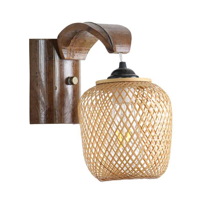 Japanese 1 Bulb Wall Lighting Brown Hand Twisted Sconce Light Fixture with Bamboo Shade