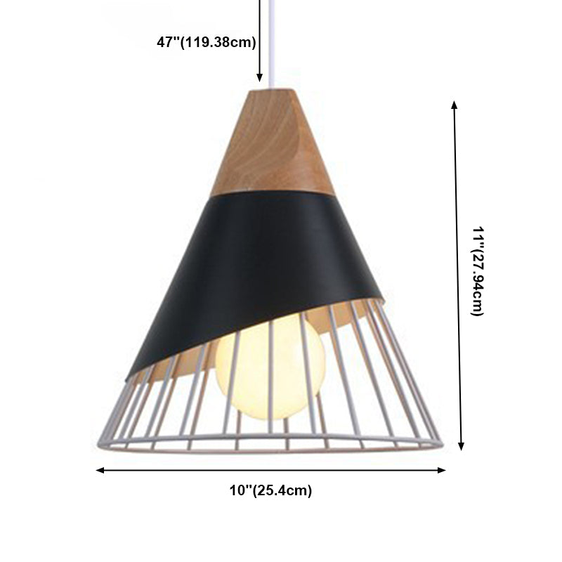 Wooden Handle Pendant Lamp, Macaroon Conical Shade 1-Light Pendant Lighting with Cage