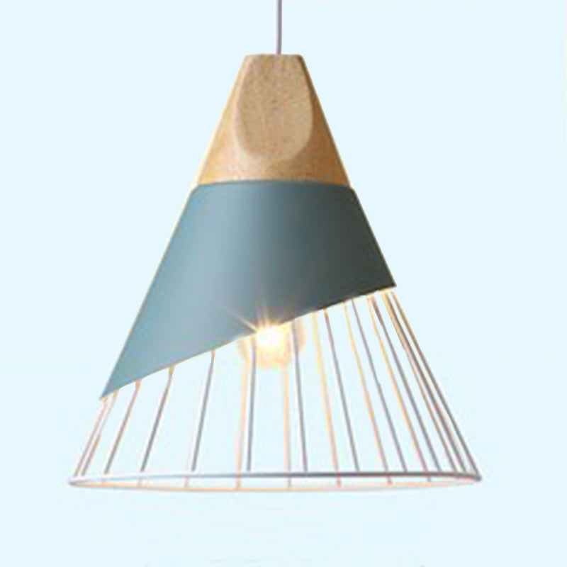 Wooden Handle Pendant Lamp, Macaroon Conical Shade 1-Light Pendant Lighting with Cage