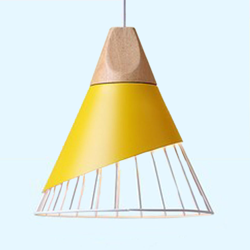 Wooden Handle Pendant Lamp, Macaroon Conical Shade 1-Light Pendant Lighting with Cage