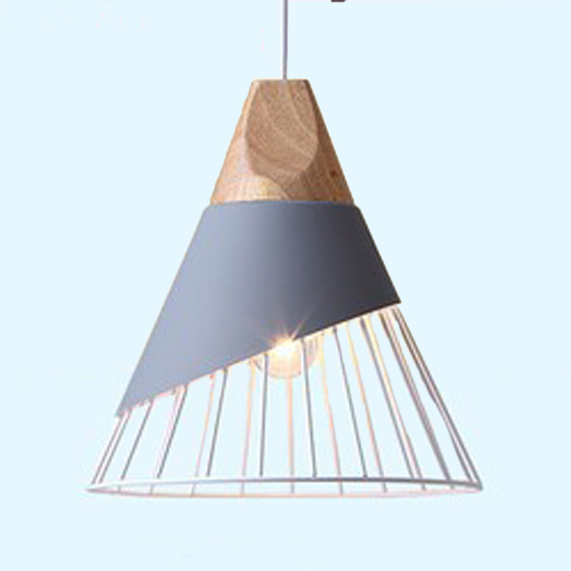 Wooden Handle Pendant Lamp, Macaroon Conical Shade 1-Light Pendant Lighting with Cage