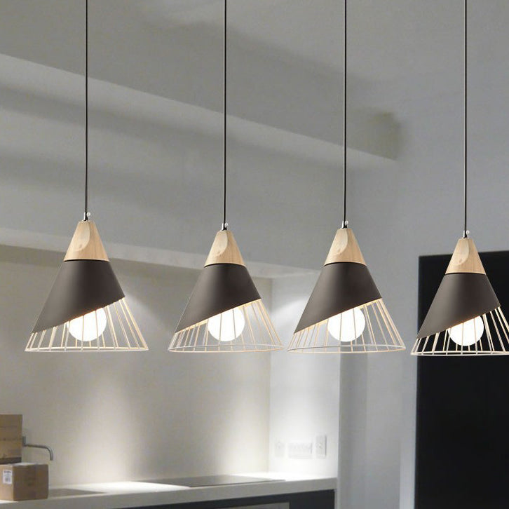 Wooden Handle Pendant Lamp, Macaroon Conical Shade 1-Light Pendant Lighting with Cage