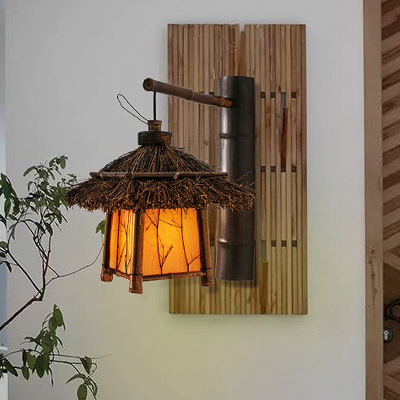 Japanese Hand-Worked Wall Lighting Bamboo 1 Bulb Sconce Light Fixture in Brown for Tearoom