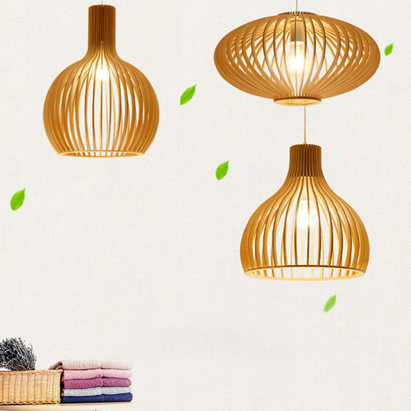 Holz geometrische Form Deckenleuchte chinesischer Stil Single -Anhänger für Esszimmer