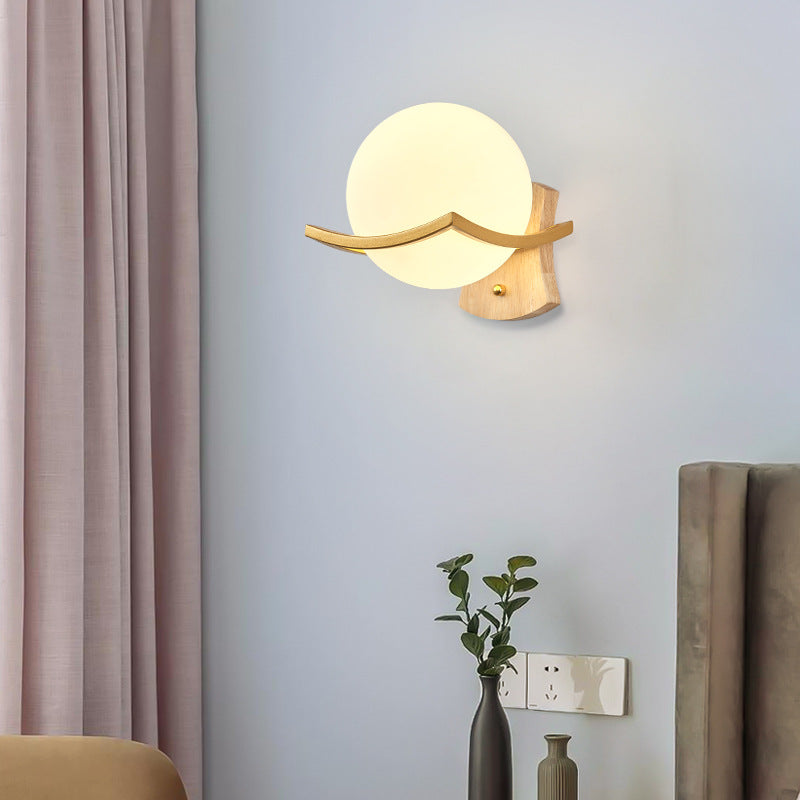 Modern White Glass and Wood Wall Sconce One Blub Wall Mounted Light Fixture for Living Room