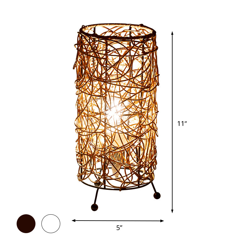 Chinese Cylindrical Desk Light Bamboo 1 Bulb Task Lighting in White/Coffee for Living Room