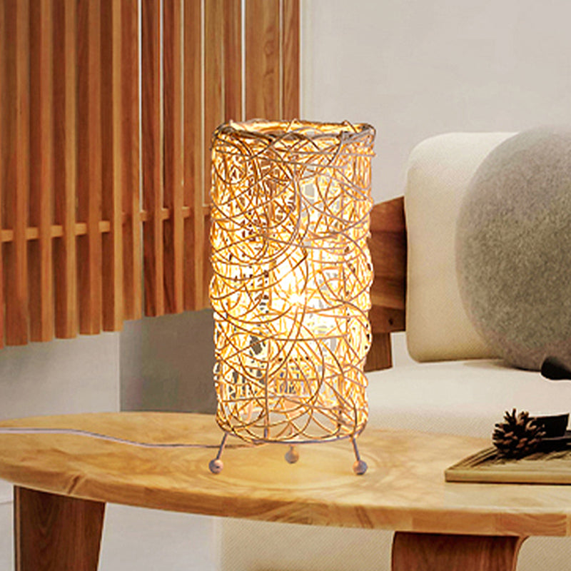 Chinese Cylindrical Desk Light Bamboo 1 Bulb Task Lighting in White/Coffee for Living Room