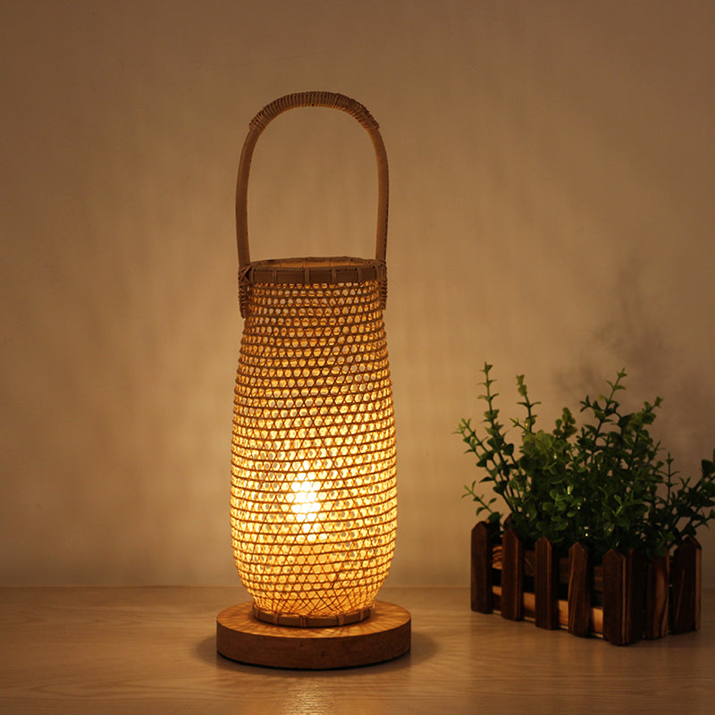 Beige Basket Desk Lamp Japanese 1 Head Bamboo Task Lighting with Circle Wood Base