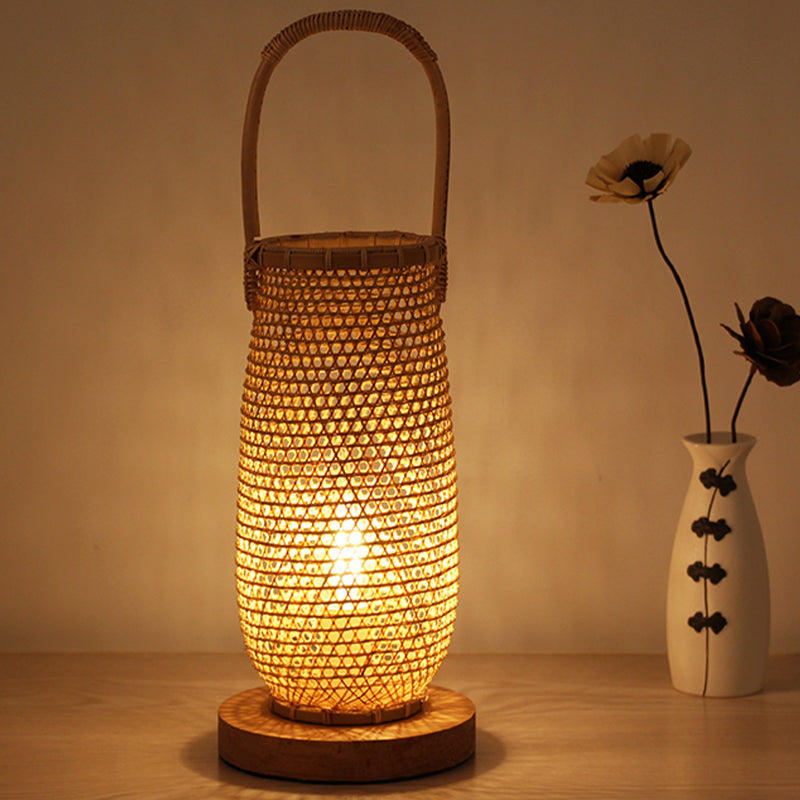 Beige Basket Desk Lamp Japanese 1 Head Bamboo Task Lighting with Circle Wood Base