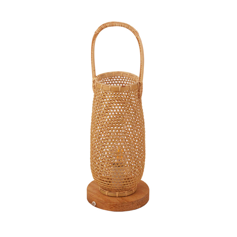 Beige Basket Desk Lamp Japanese 1 Head Bamboo Task Lighting with Circle Wood Base