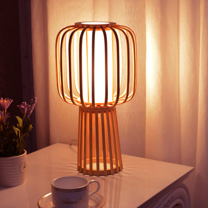 Asia Drum Task Lamp Bamboe 1-lamps bureaulamp van hout met witte binnenbuis van perkamenten kap