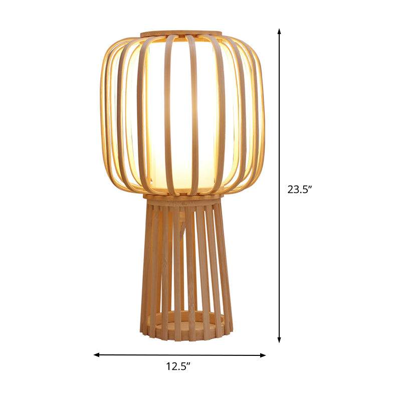 Lámpara de escritorio Asia Drum de bambú, 1 bombilla, de madera, con pantalla de pergamino de tubo interior blanco