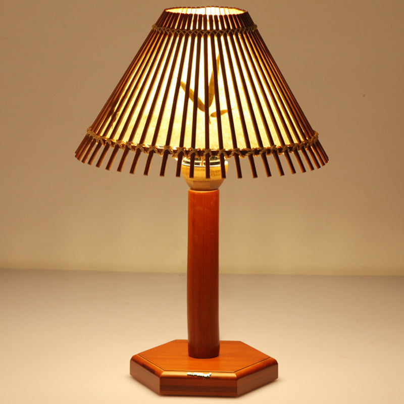 Lampe de bureau en bambou trompette asiatique, 1 ampoule, éclairage de travail rouge marron avec base en bois hexagonale