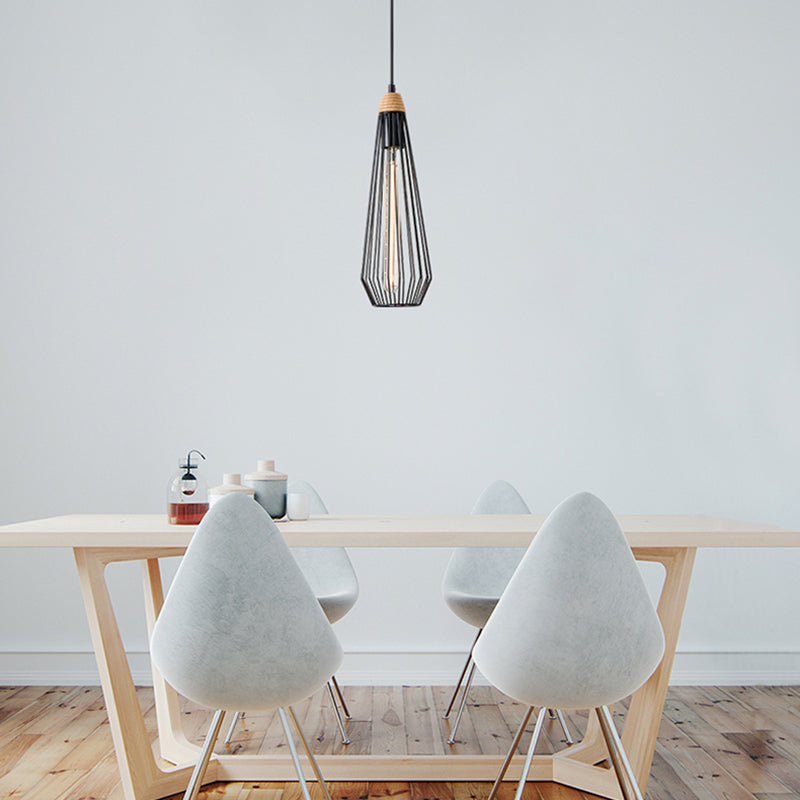 1-Light Geometric Cage Hanging Pendant Light Modern Black/White Wrought Iron Light Fixture with Wooden Cap for Bedroom